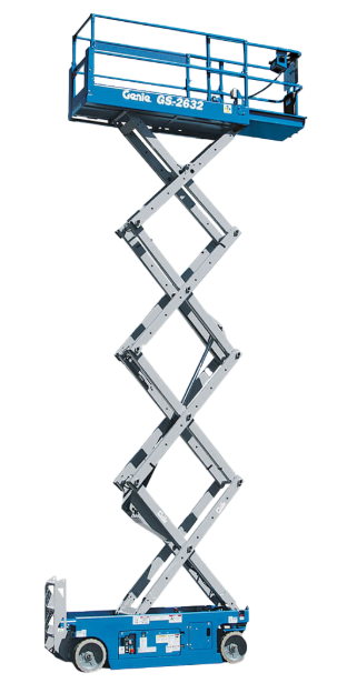 Electric scissor lift with extended work platform for elevated maintenance and construction tasks, available for rental at McKinleyville Ace Home & Garden Center.