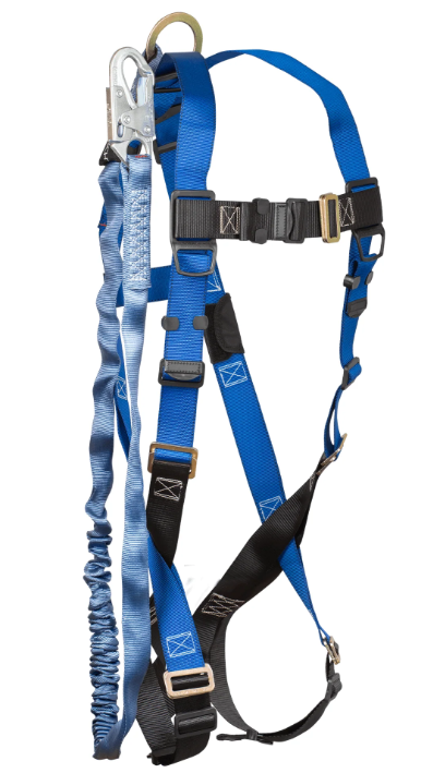 FallTech safety harness and shock-absorbing lanyard for fall protection while working at heights on construction, roofing, and maintenance projects.