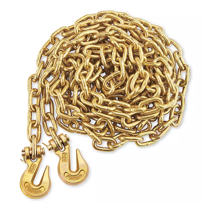 Heavy-duty transport chain for securing equipment, machinery, and other heavy loads during hauling and transportation.