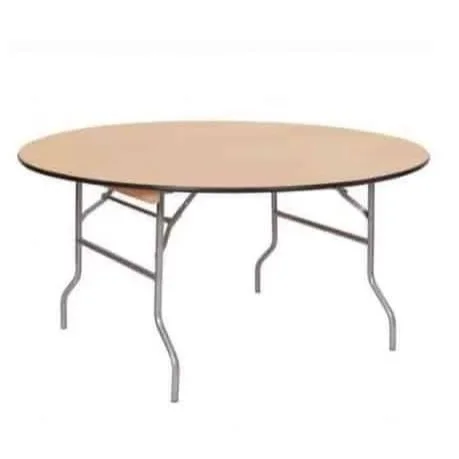 Round folding event table with metal legs, available for rent at McKinleyville Ace Home & Garden Center.