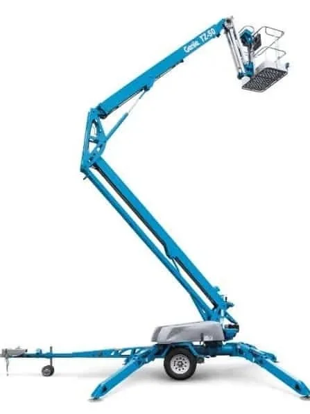 Towable boom lift with extendable arm and work platform, available for rent at McKinleyville Ace Home & Garden Center.