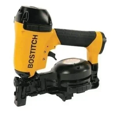 Pneumatic roofing nailer with coil nail magazine for fastening shingles and roofing materials, available for rent at McKinleyville Ace Home & Garden Center.