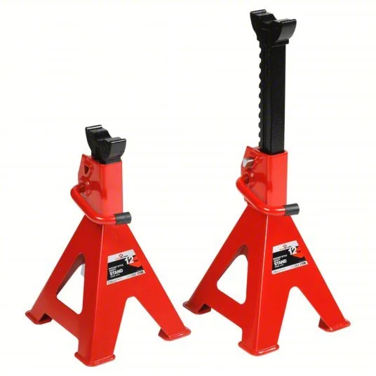 Pair of adjustable jack stands with ratcheting height mechanism, available to rent at McKinleyville Ace Home & Garden Center.