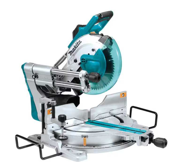 Sliding compound miter saw for making accurate crosscuts, miter cuts, bevel cuts, and trim cuts in lumber, molding, and other woodworking materials.