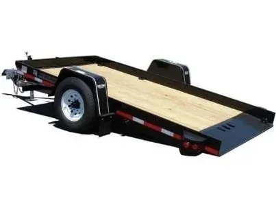 Tilt deck equipment trailer with wood deck and single axle for loading machinery, available for rent at McKinleyville Ace Home & Garden Center.
