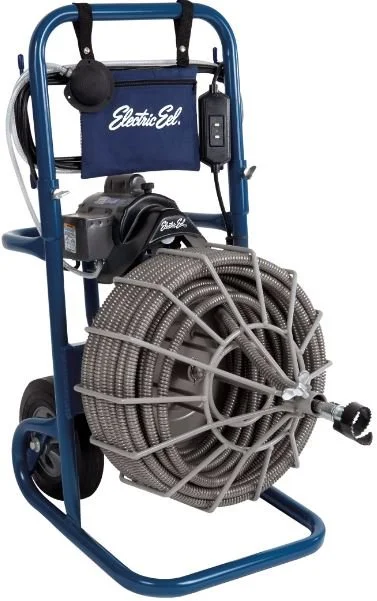 Heavy-duty electric drain cleaning machine with wheeled frame and large cable drum, available for rental at McKinleyville Ace Home & Garden Center.