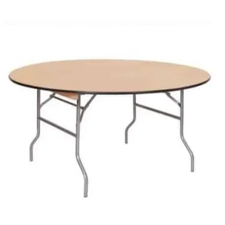 Round folding event table with metal legs, available for rent at McKinleyville Ace Home & Garden Center.