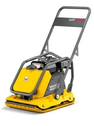 Vibratory plate compactor with steel base plate for compacting soil and gravel, available to rent at McKinleyville Ace Home & Garden Center.