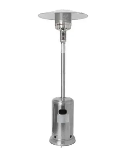 Outdoor propane patio heater with tall stainless steel design and wide heat reflector, available for rent at McKinleyville Ace Home & Garden Center.