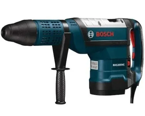 Electric rotary hammer drill with side handle and heavy-duty motor housing for drilling concrete and masonry, available for rent at McKinleyville Ace Home & Garden Center.