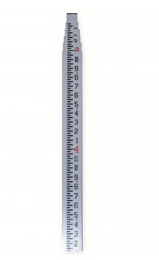 Survey measuring stick for measuring elevations, grade changes, and height differences during surveying, construction, and landscaping projects.