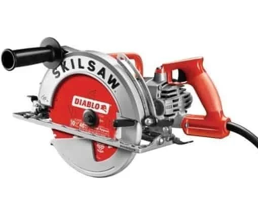 Electric handheld circular saw with large cutting blade and side handle for stability, available for rent at McKinleyville Ace Home & Garden Center.