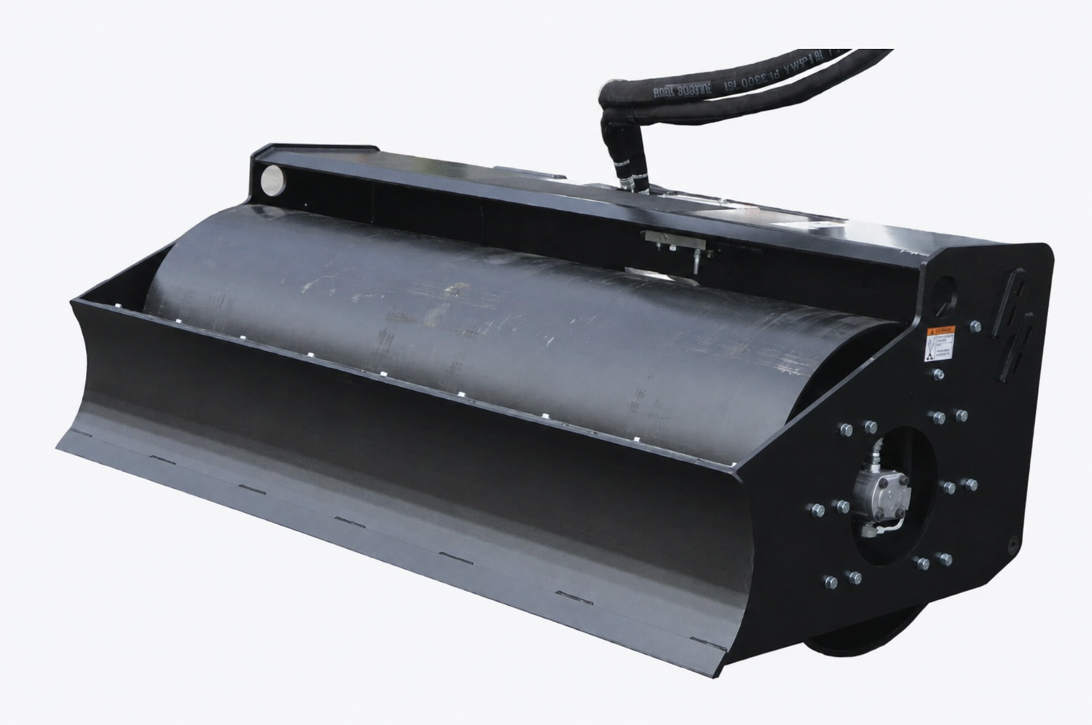 Vibratory roller attachment for skid steers designed to compact soil, gravel, asphalt, and other surfaces for landscaping, roadwork, and construction projects.