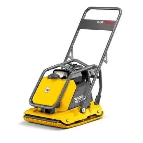Vibratory plate compactor with steel base plate for compacting soil and gravel, available for rent at McKinleyville Ace Home & Garden Center.