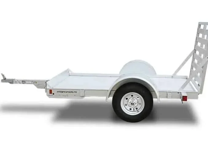 Aluminum utility trailer with single axle and rear loading ramp, available for rent at McKinleyville Ace Home & Garden Center.