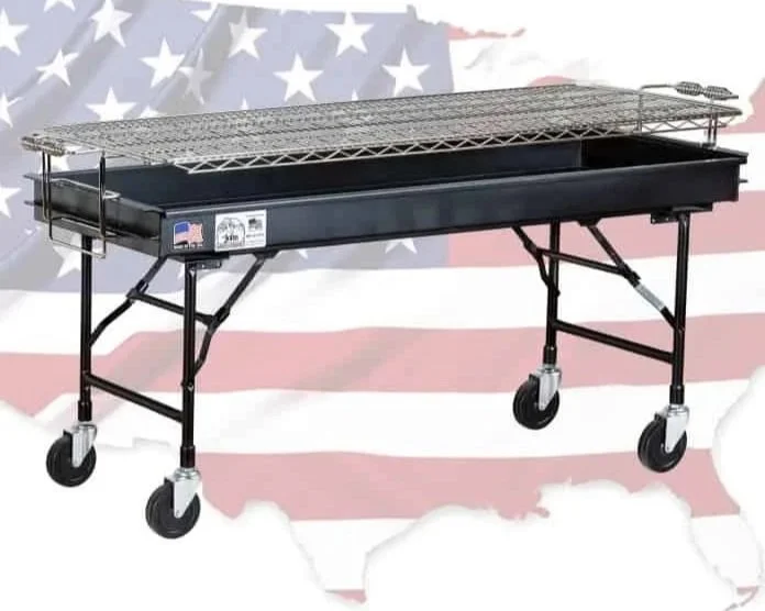 60-inch portable charcoal grill with folding legs, large cooking grate, and wheeled frame designed for outdoor events and large group cooking.
