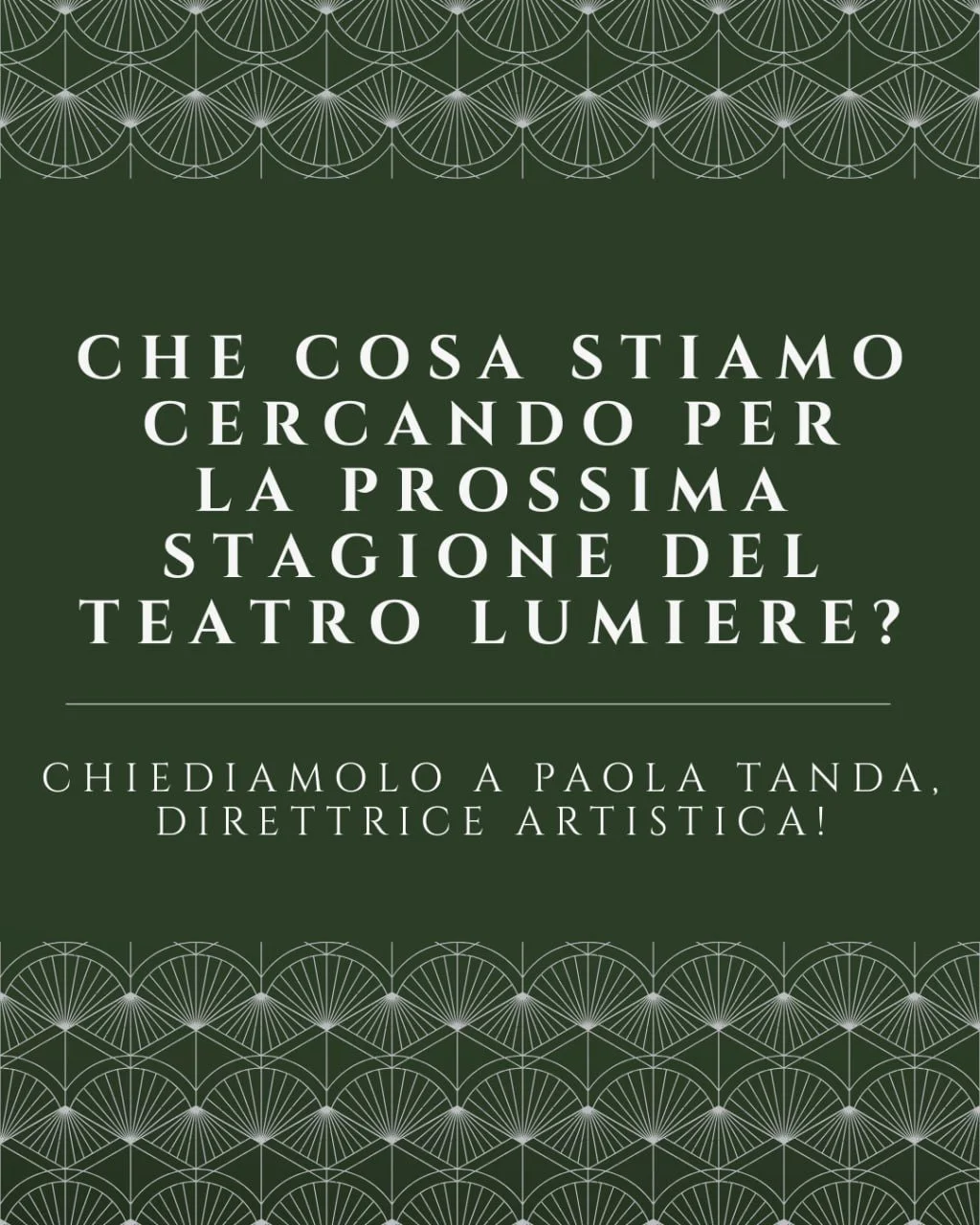 Avete gi&agrave; inviato la vostra candidatura alla nostra open call?
Se non lo avete ancora fatto, siete ancora in tempo!

Siamo alla ricerca di nuove voci, nuove idee e spettacoli capaci di arricchire la prossima stagione teatrale. Commedie, drammi