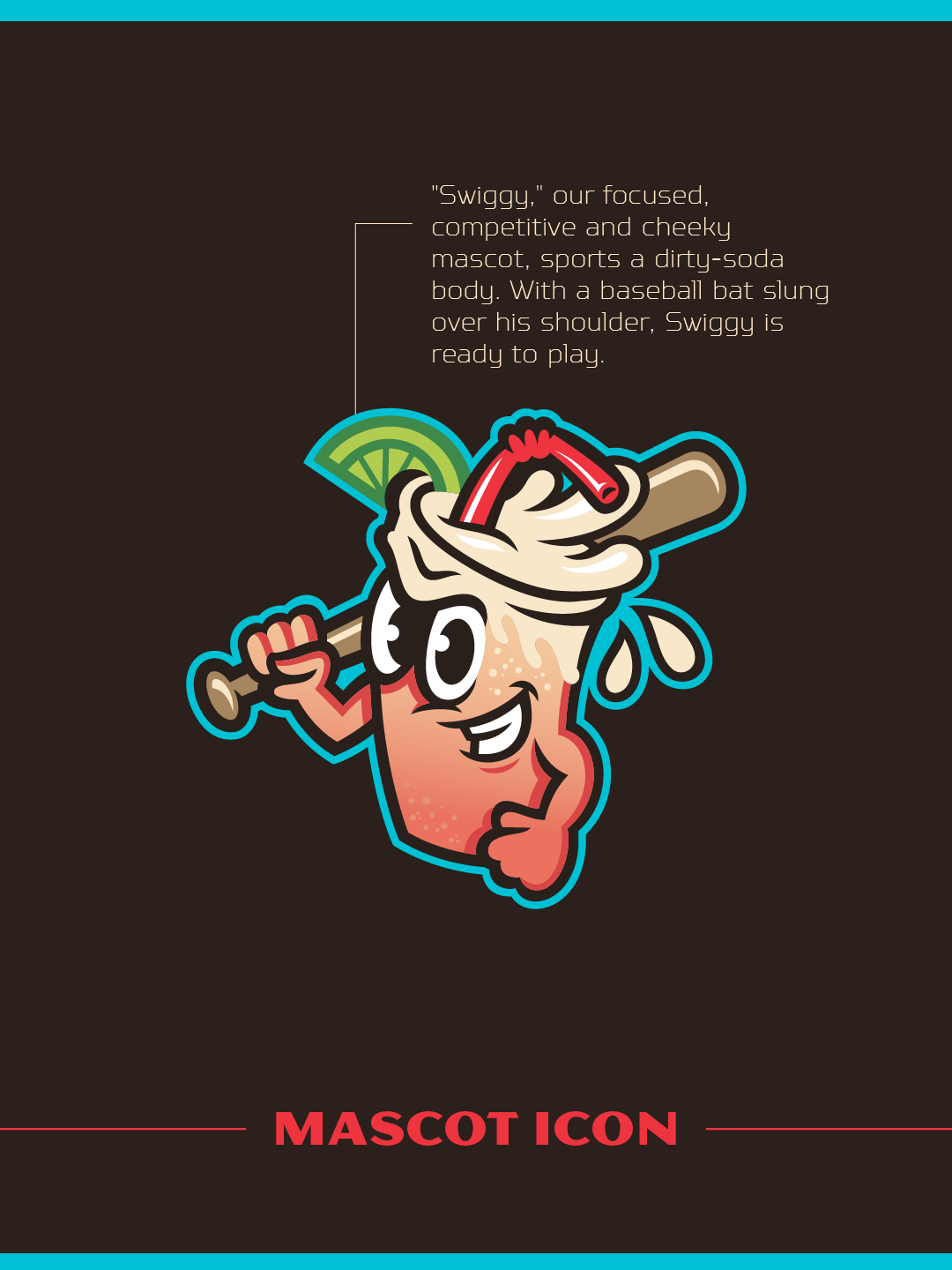 A cartoon mascot of a human organ with a baseball bat, wearing a red straw hat, holding a lime wedge, with the text describing 'Swiggy' as a playful, cheery character.