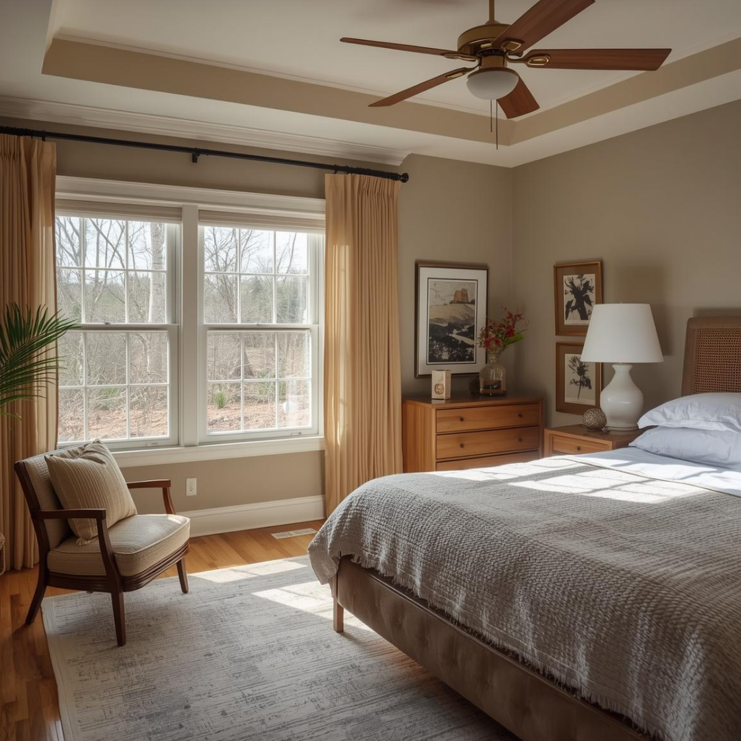 Sunlit bedroom with a large window, beige curtains, wooden furniture, a bed with white bedding, a lamp, artwork on the wall, a ceiling fan, and a chair.