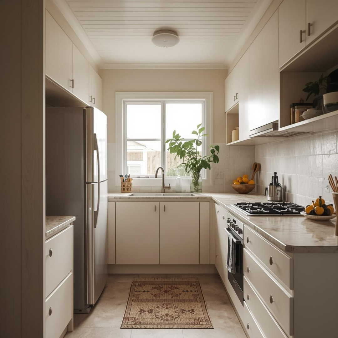 A small, bright kitchen with white cabinets, a marble countertop, and stainless steel appliances. There is a window with a green plant on the counter, a bowl of lemons, and a plate with lemons. The floor has a small rug.