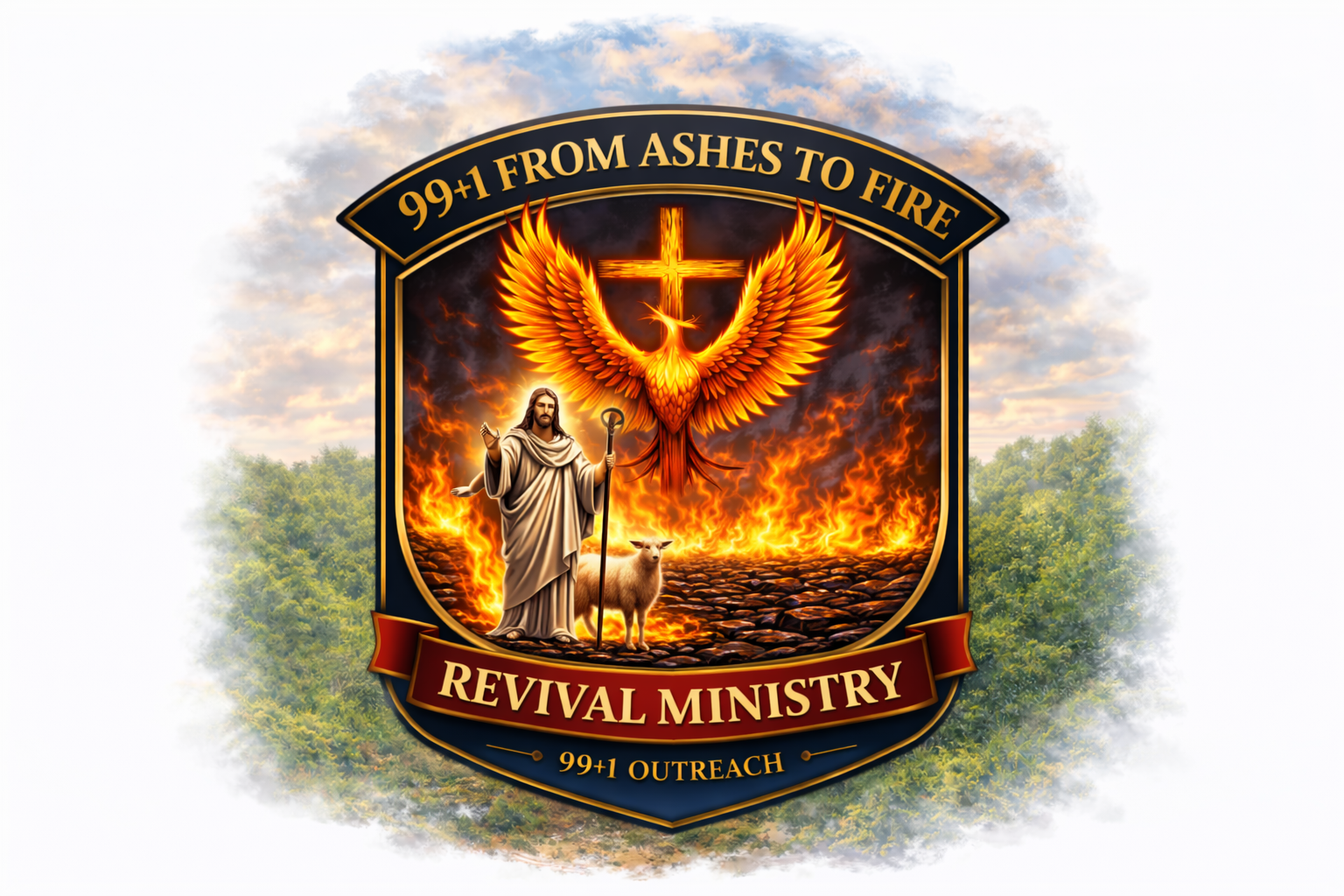 Religious emblem with fiery background, featuring a dove with a cross, Jesus Christ holding a staff and a lamb, with flames behind them, labeled Revival Ministry, with slogan '99+1 From Ashes to Fire' and '99+1 Outreach' banner.