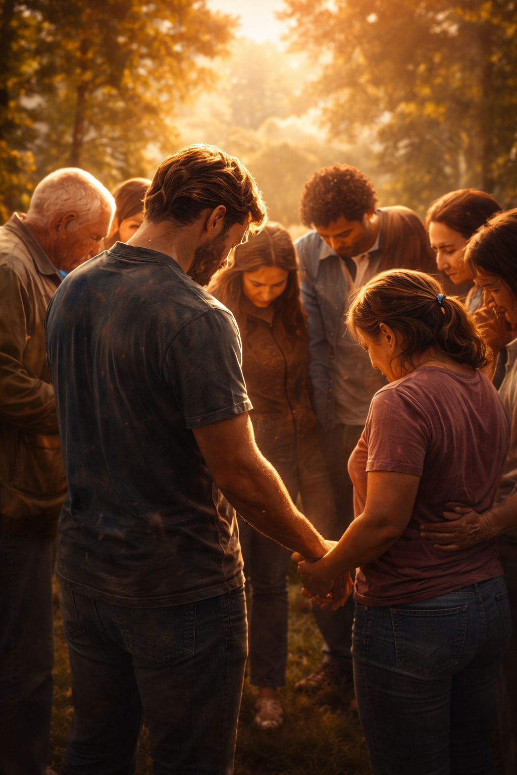 A diverse group of people are gathered outdoors in a circle during sunset, holding hands and praying.