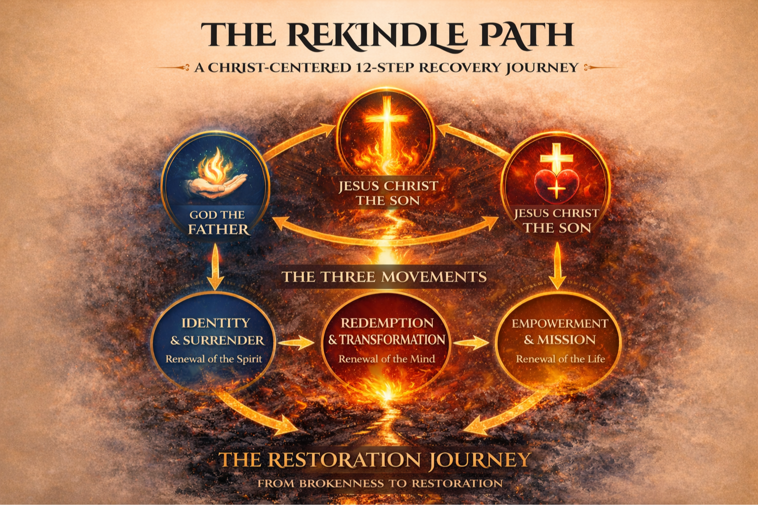 Diagram titled 'The Rekindle Path,' illustrating a Christ-centered 12-step recovery journey with symbols of a cross, flame, heart, and arrows connecting various stages labeled 'God the Father,' 'Jesus Christ the Son,' 'Identity & Surrender,' 'Redemption & Transformation,' and 'Empowerment & Mission.'