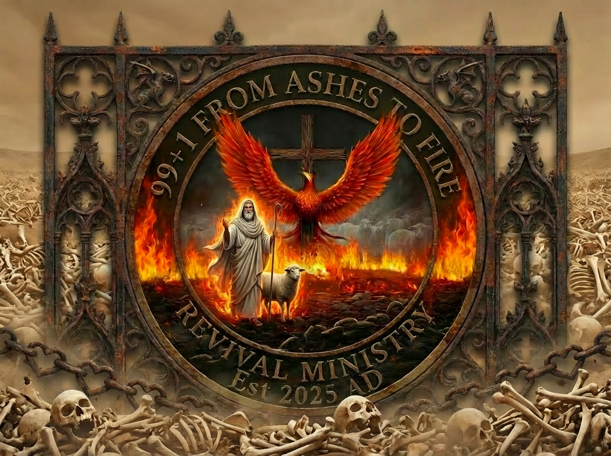 A political or religious emblem with a large, fiery phoenix at the center, a robed man with a sheep nearby, surrounded by flames and skulls, with a background of bones. Text reads '99 + 1 FROM ASHES TO FIRE' and 'REVIVAL MINISTRY EST 2025 AD'.