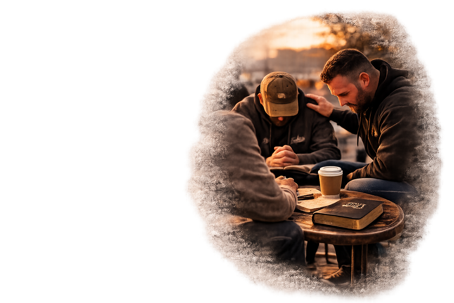 Three men sit at a wooden table outdoors during sunset, engaged in a serious discussion with books, coffee, and a notebook in front of them.