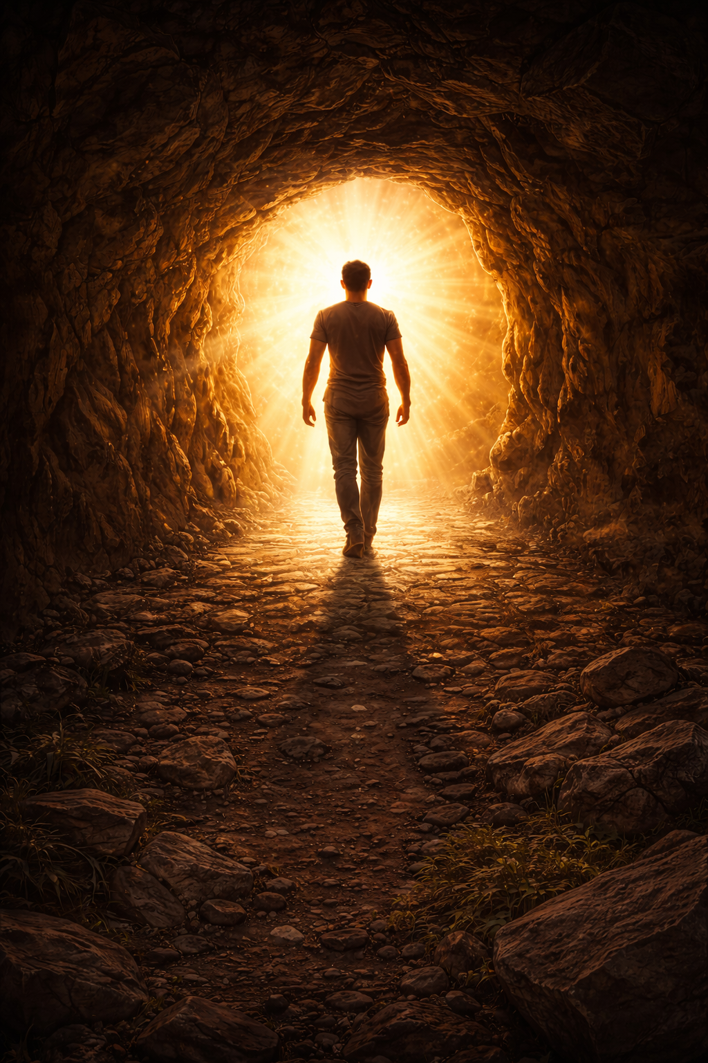 Person walking through a dark rocky cave towards a bright, glowing light at the entrance.