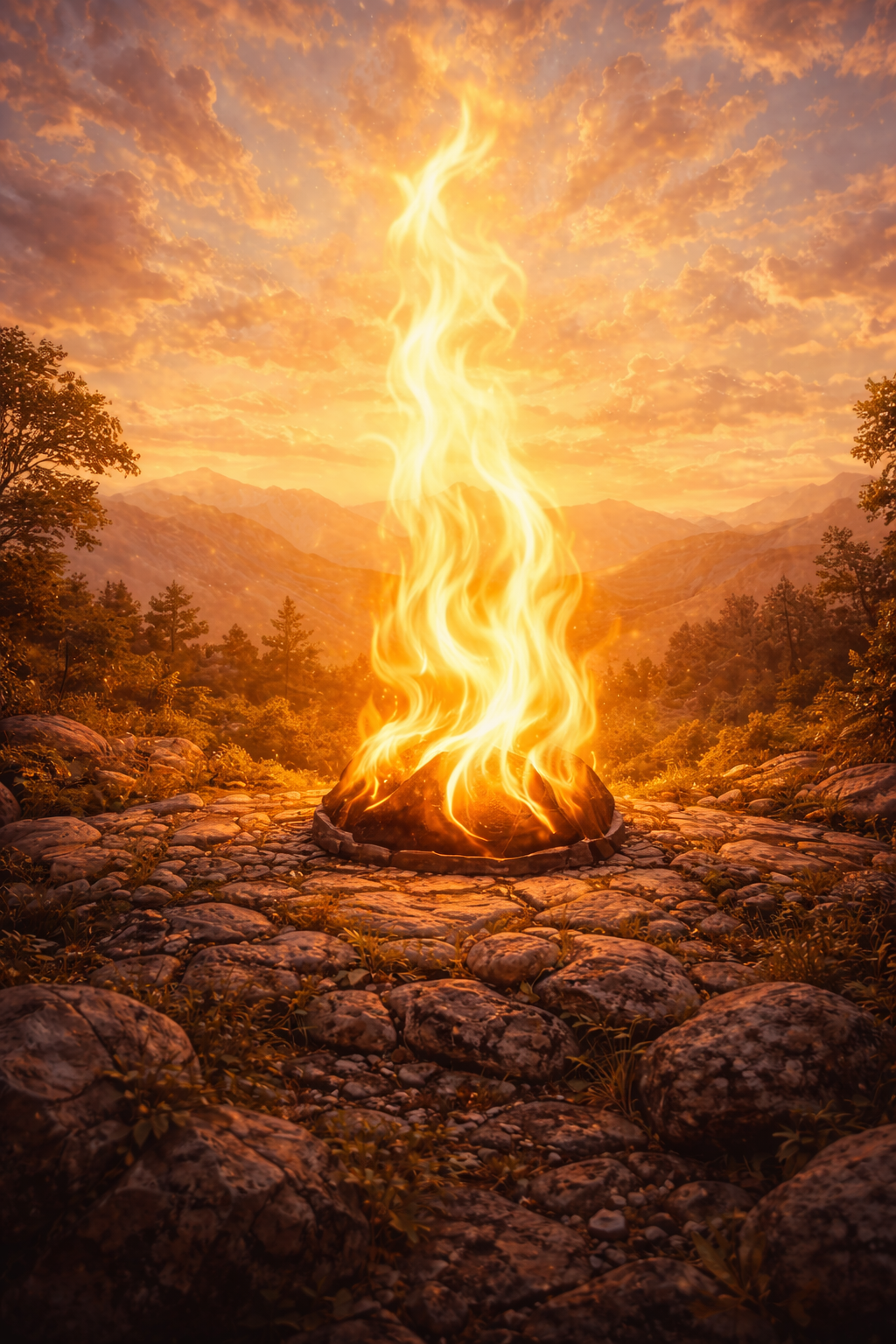 A large campfire with tall flames flickering against a backdrop of mountains and a colorful, cloudy sky during sunset, surrounded by rocky ground and trees.