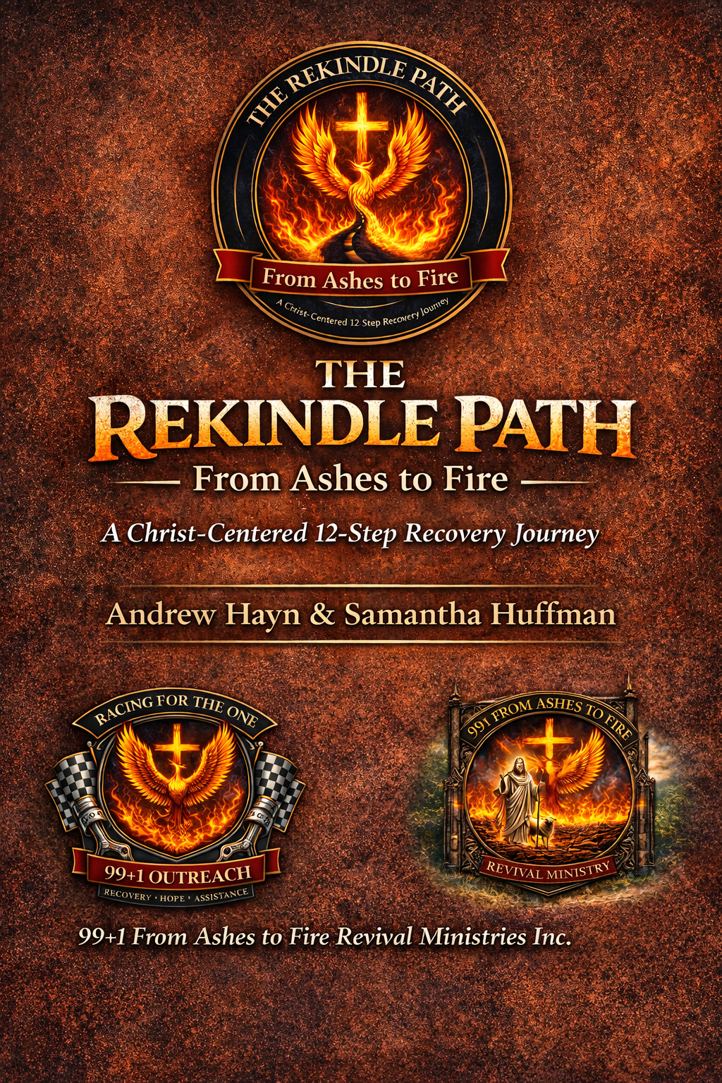 Cover of a book titled "The Rekindle Path: From Ashes to Fire," with a fiery phoenix and cross logo, alongside two smaller logos of a phoenix with checkered flags and a figure in robes with a dog, all against a textured red and black background.