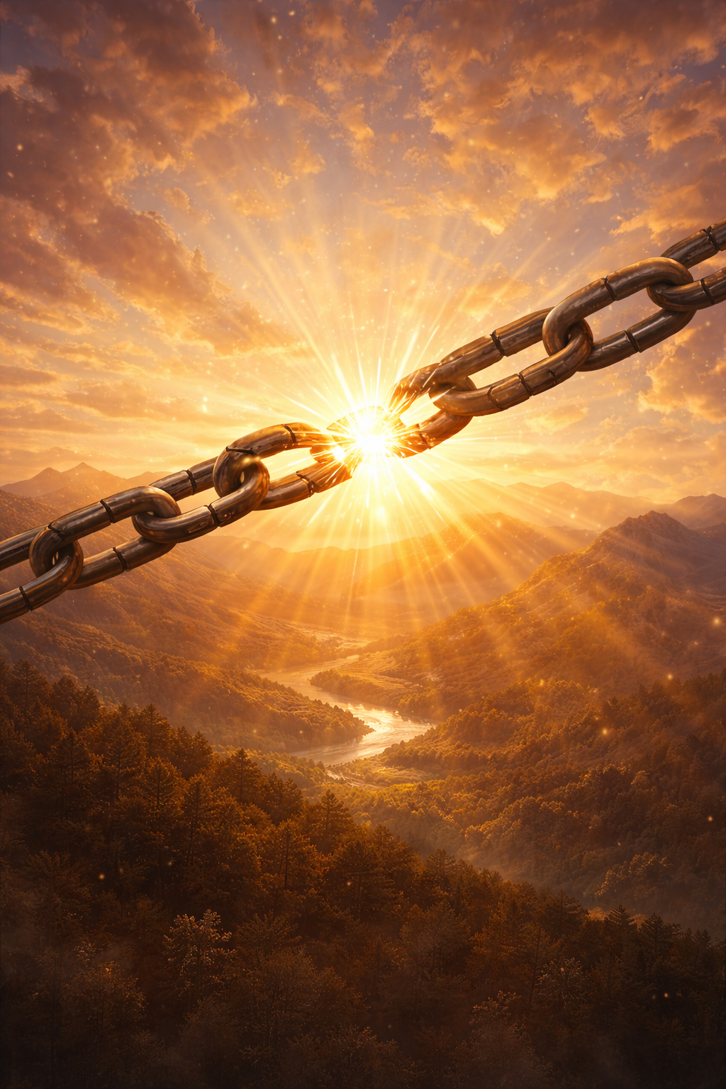 A large metal chain with a break in the middle, glowing with sunlight, against a backdrop of mountains, a river, and a sky filled with orange and yellow clouds at sunset.