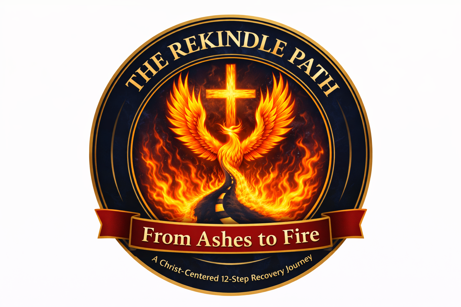 A circular emblem with a flaming phoenix and a glowing cross above it. The text reads 'The Rekindle Path' at the top and 'From Ashes to Fire' on a red banner at the bottom, with a subtitle 'A Christ-Centered 12-Step Recovery Journey'.