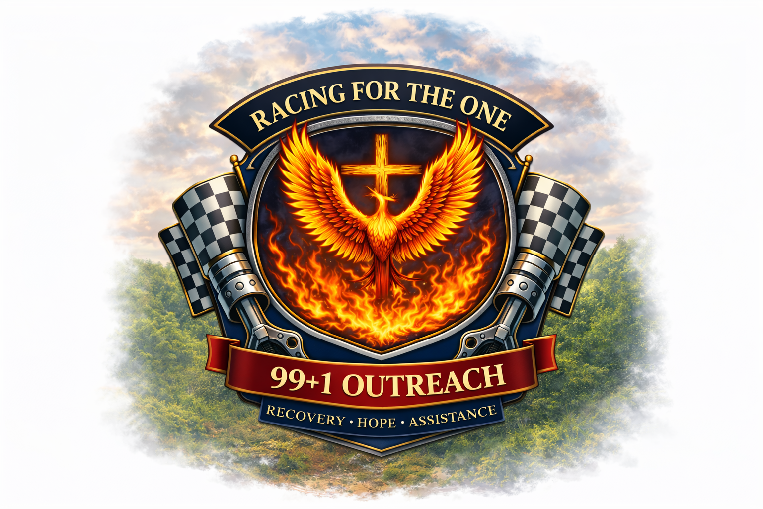 A badge with a phoenix rising from flames, a cross, and checkered racing flags, with the text 'Racing for the One' and '99+1 Outreach' and words 'Recovery, Hope, Assistance' at the bottom.