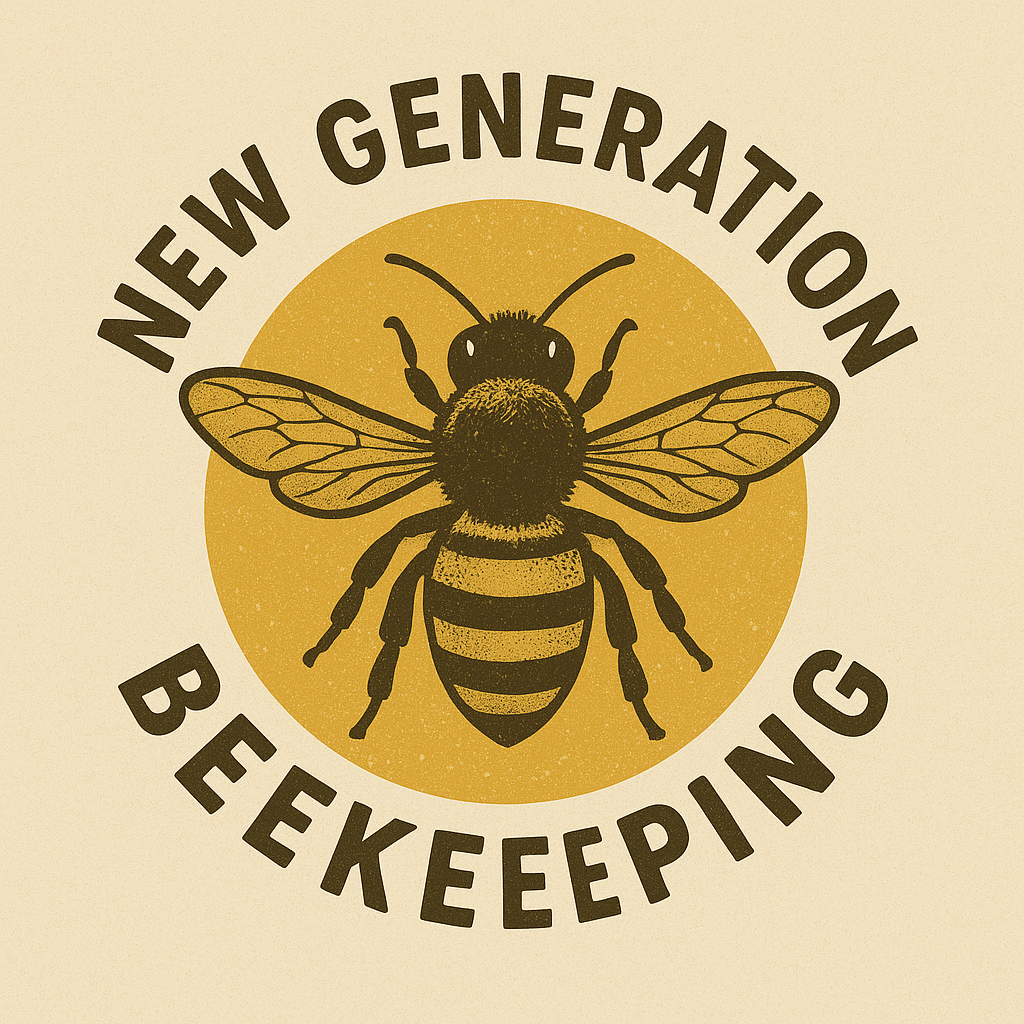 Illustration of a bee with the text 'New Generation Beekeeping' surrounding it in a circular pattern.