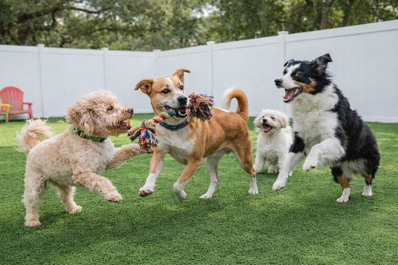 Four dogs playing fetch with a colorful rope toy in a backyard with green grass and white fence.