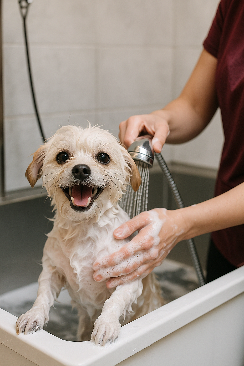 Happy dog being bathed in a white tub by a person using a handheld showerhead with soap lather visible on the dog's fur.