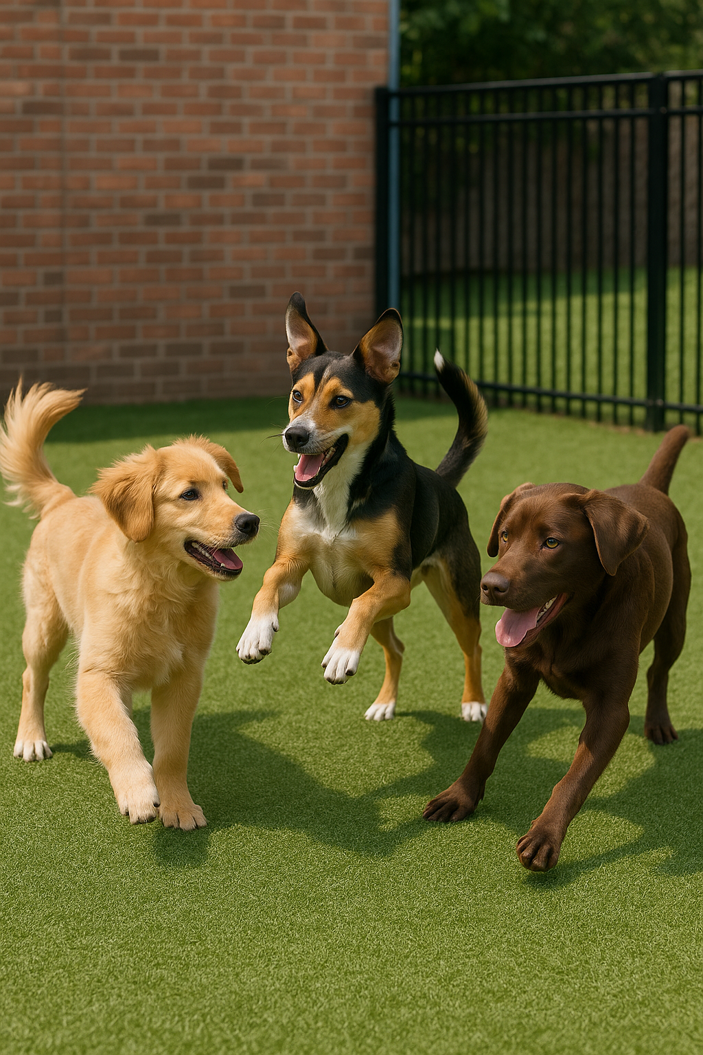 Three dogs playing on a grassy area near a brick wall and black metal fence.