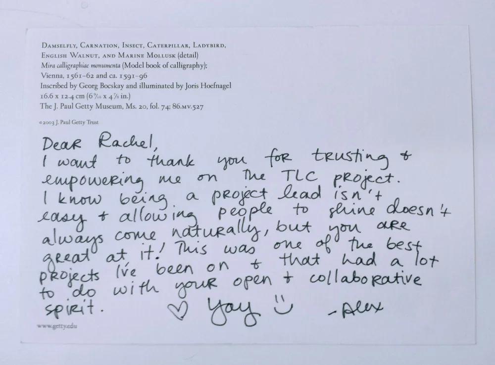 Handwritten thank you letter addressed to Rachel from Alex, expressing gratitude for her trust and support on a project, mentioning her collaborative spirit and leadership.