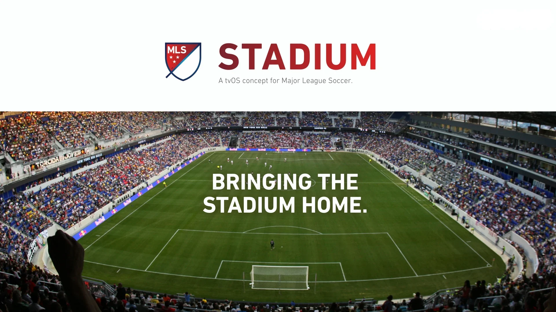 A stadium filled with spectators watching a soccer match, with text overlay reading 'Bringing the Stadium Home.' and the MLS logo at the top.