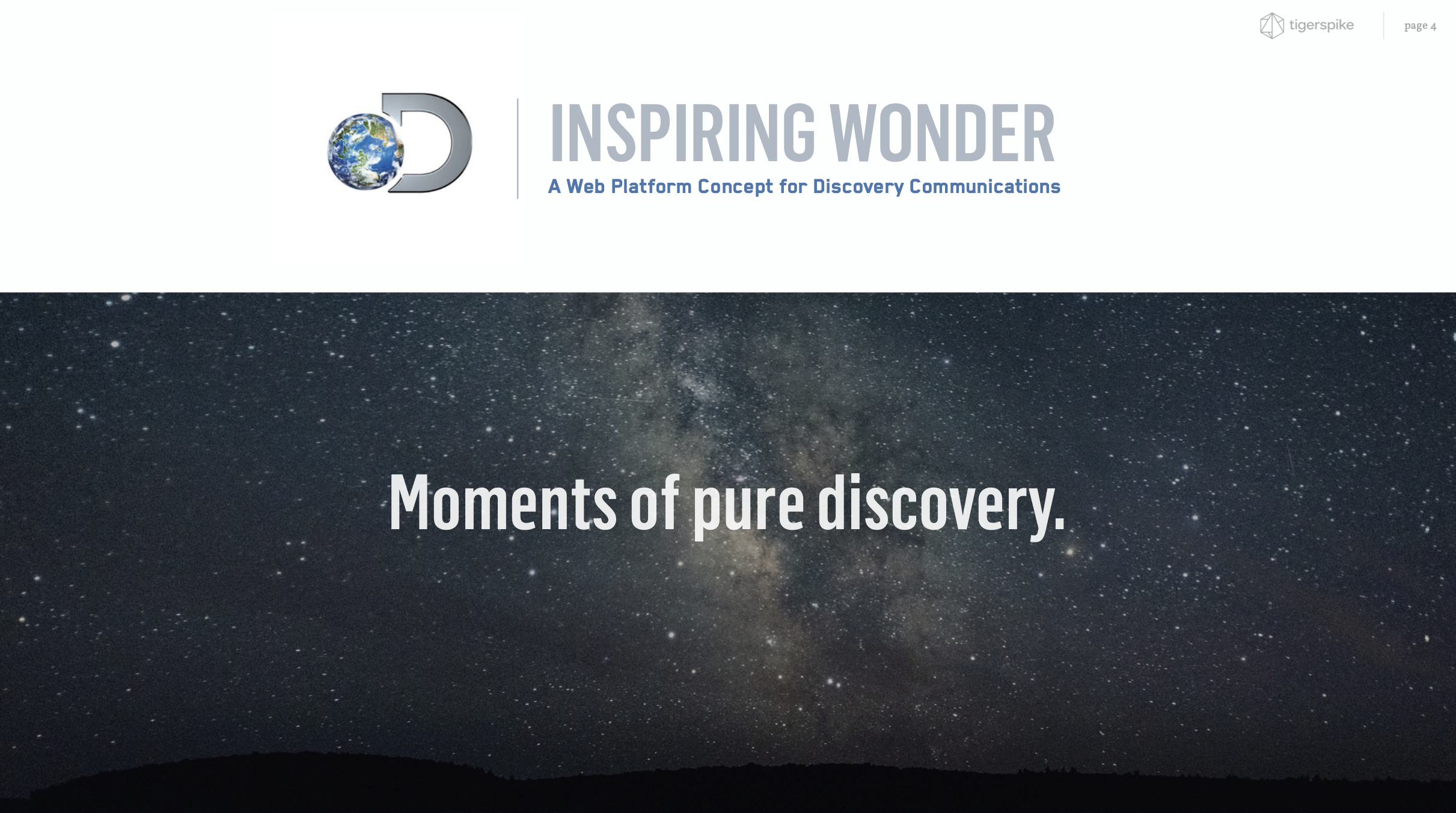 A website header with a logo of Earth and discovery platform branding, featuring a starry night sky with the Milky Way galaxy and the text 'Moments of pure discovery'.
