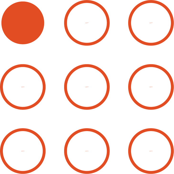 A grid of nine icons showing circle shapes with outline and no fill, with the order from top left to bottom right changing from filled circle to empty circle.