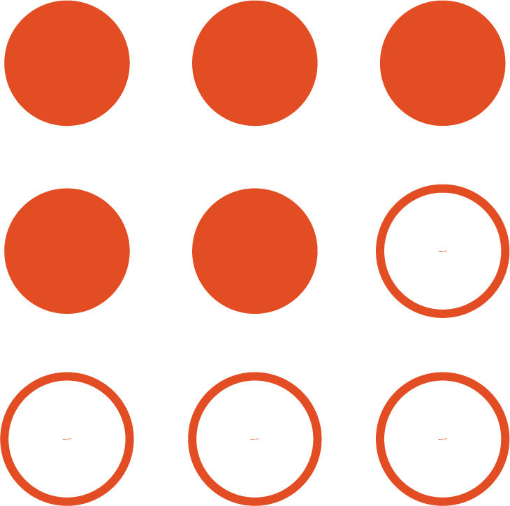 A 3x3 grid of orange circles, with the bottom right circle featuring an orange outline and a small central dot.