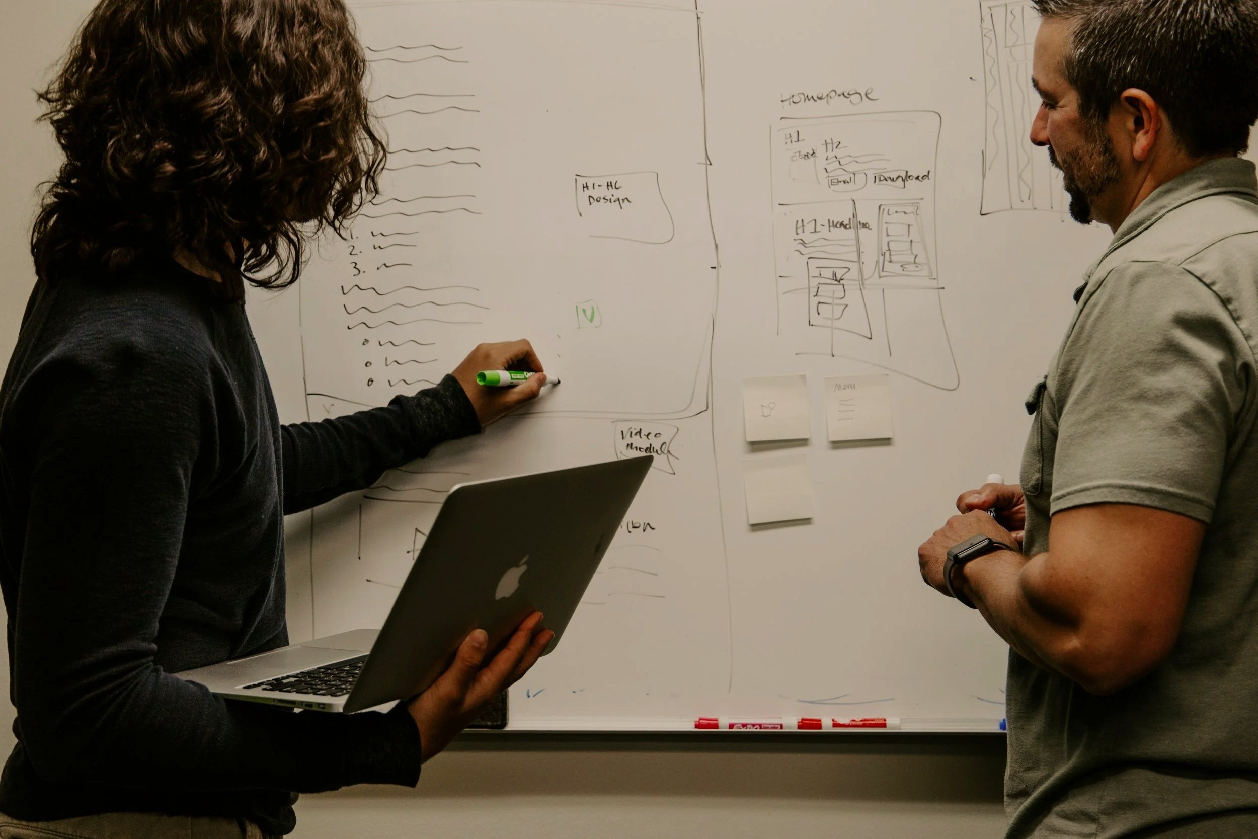 Two men standing in front of a whiteboard, discussing a webpage layout sketch with Post-it notes, with one holding a MacBook.