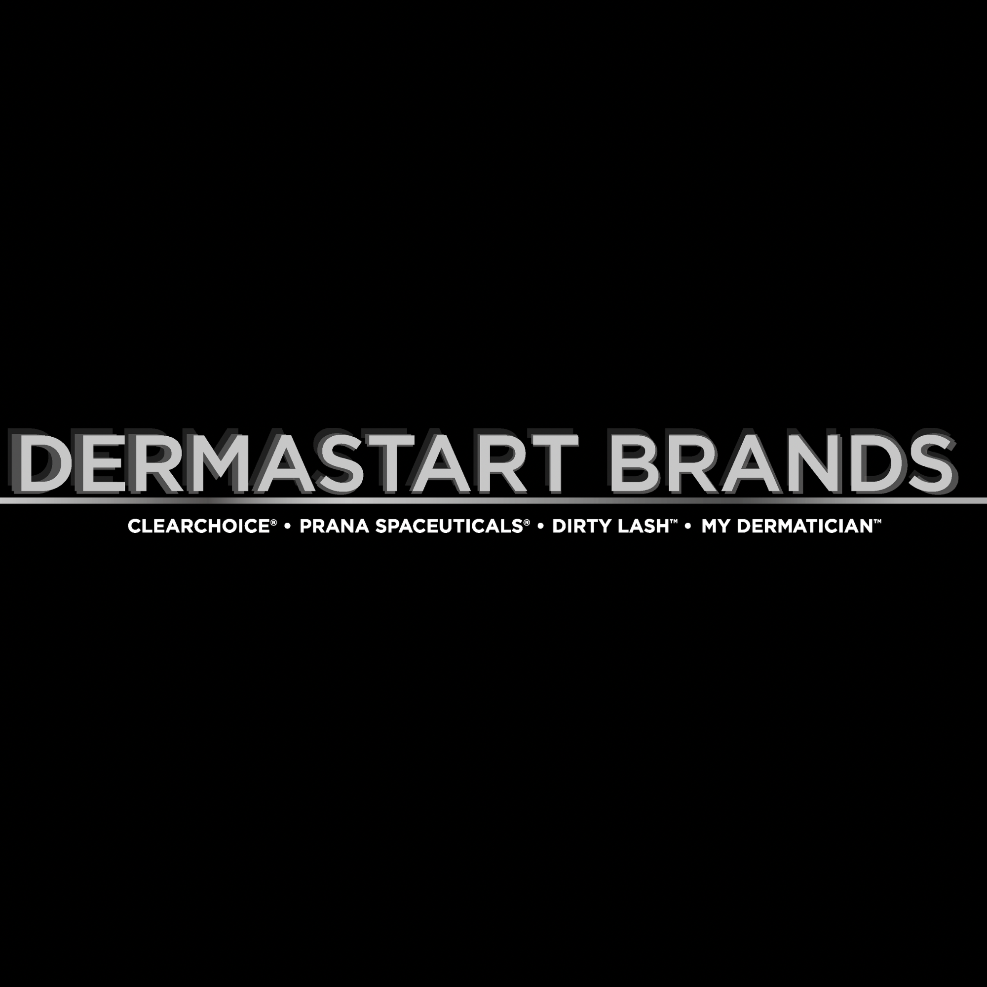 Black background with white and gray text displaying skincare and beauty brand names under the DERMASTART logo