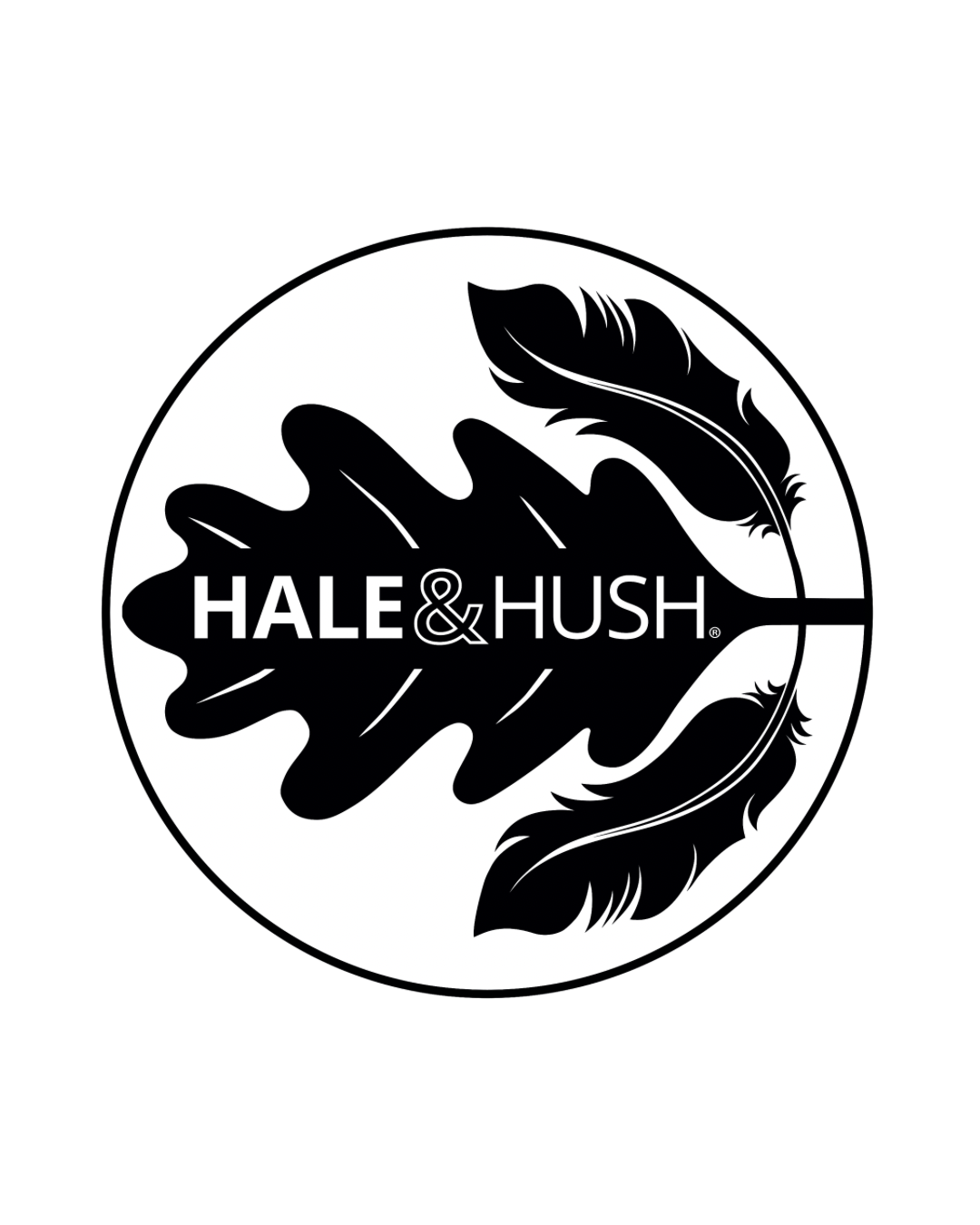 Logo featuring black oak and wheat leaves with the words 'Hale & Hush' in the center.