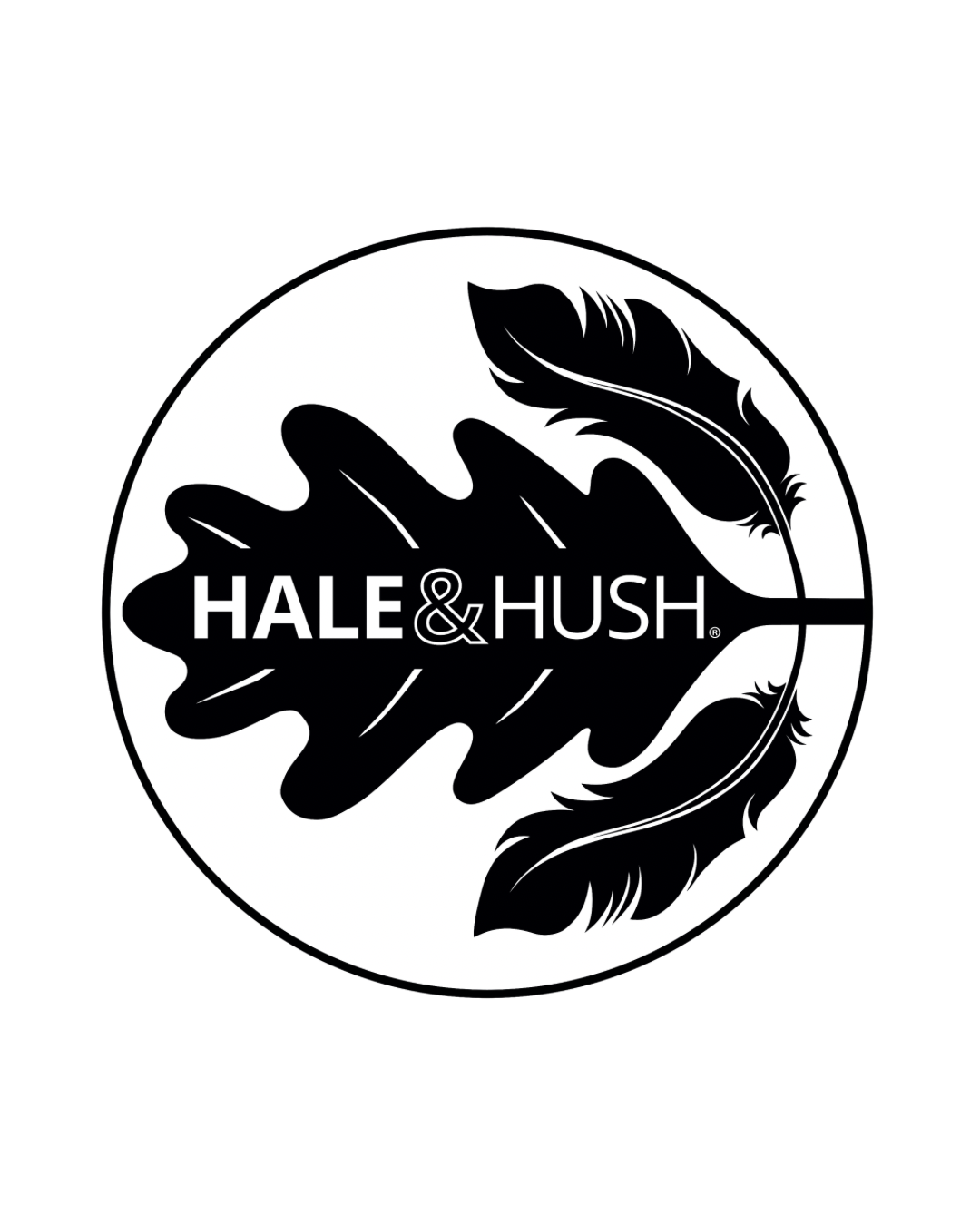 Black and white circular logo with oak and feather illustrations and the words "Hale & Hush" in the center.
