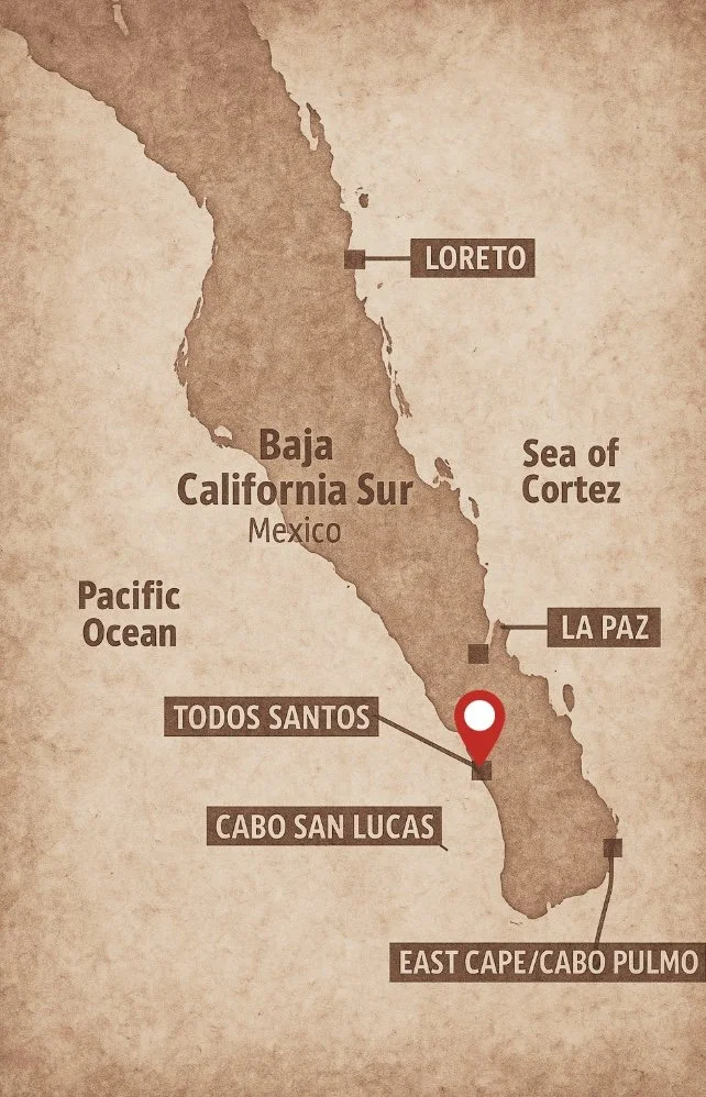 Map showing Todos Santos and its proximity to Cabo San Lucas, San José del Cabo, La Paz, and Loreto.