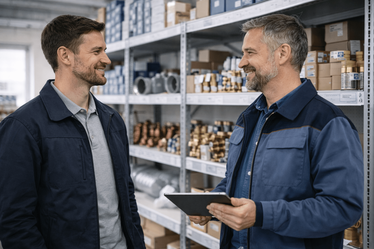 Zwei männliche Gebäudetechniker sprechen miteinander über Strategie und Einkauf